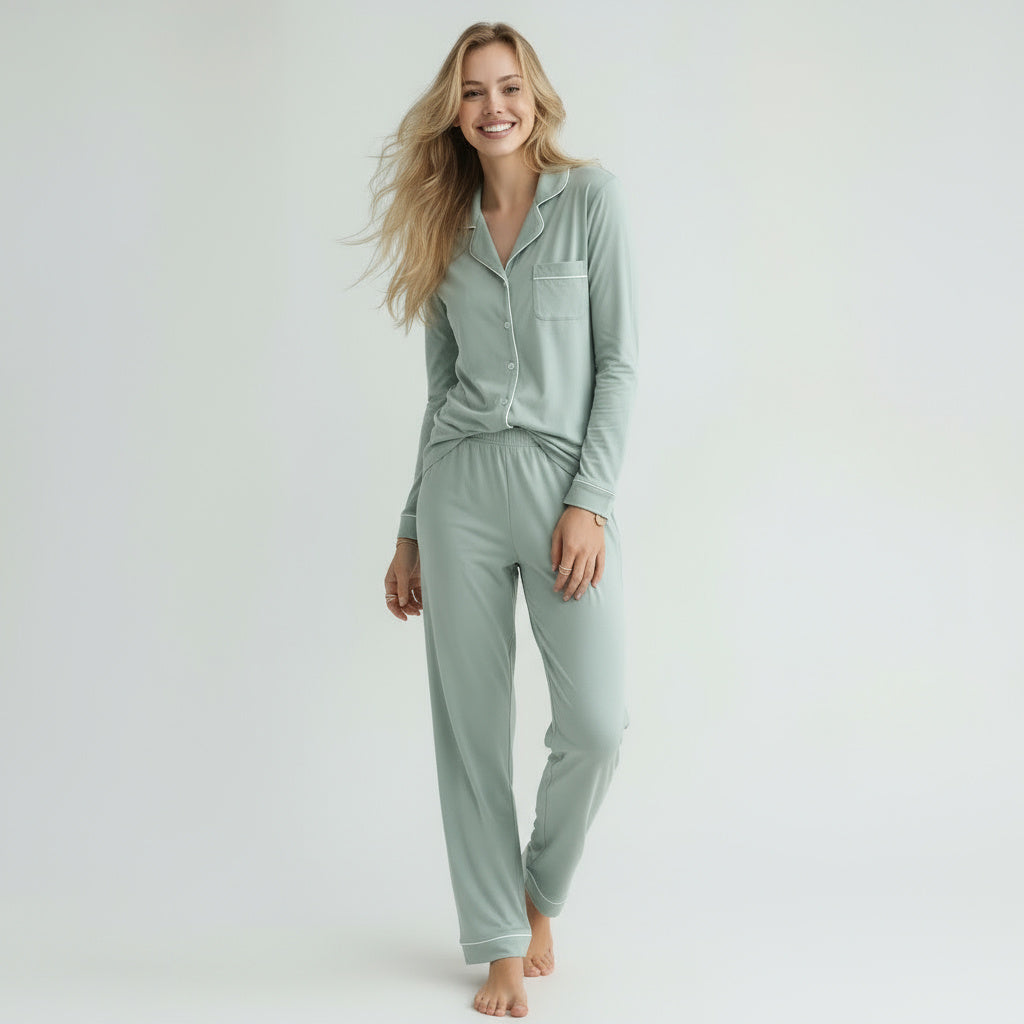 Conjunto de pijama de satén de manga corta – Azul claro 