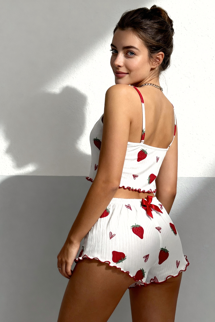 Ribbed cami pajama set - White with Big Strawberries