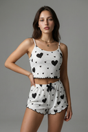 Set di pigiama cami a costola - bianco con cuori neri