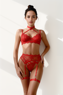 Set di lingerie con imbracatura in pizzo trasparente - Rosso 