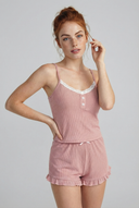 Rüschen-Rippen-Pyjama-Set in Blush 